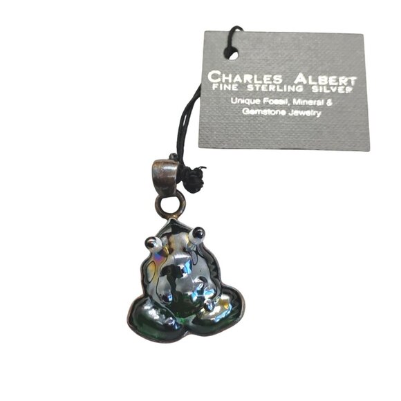 Charles Albert Green Dichroic Art Glass Frog Pendant in Sterling Silver 1 3/4" - Picture 3 of 8